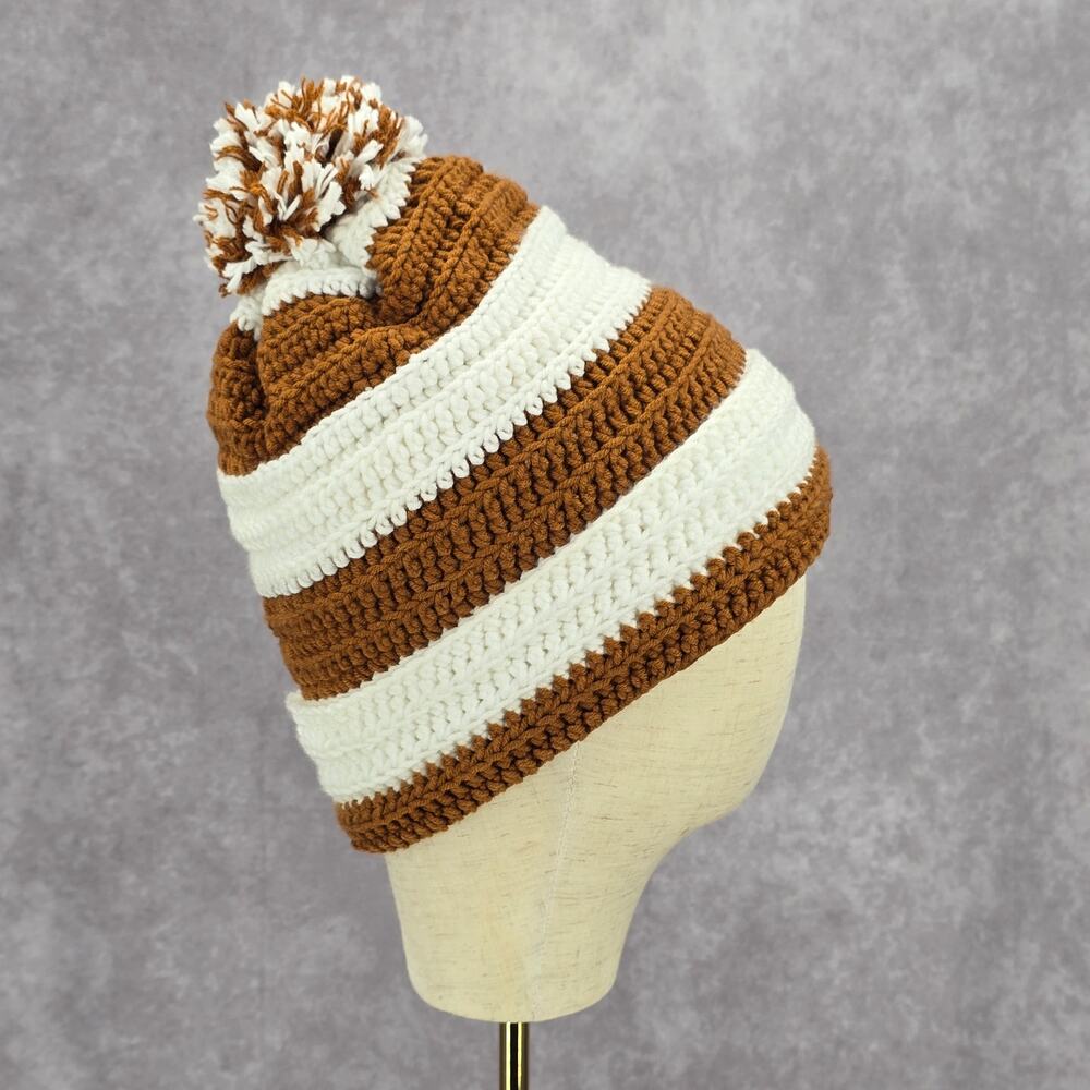 Brown Pom Pom White Cable Knitโ Vintage Y2k Funky Beanie Crochet Hat
